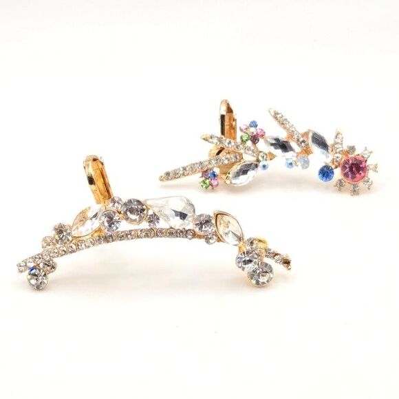 Two Gold Tone and Rhinestone Ear Climbers Crawlers One Clear One Multicolor‎ - Picture 1 of 6